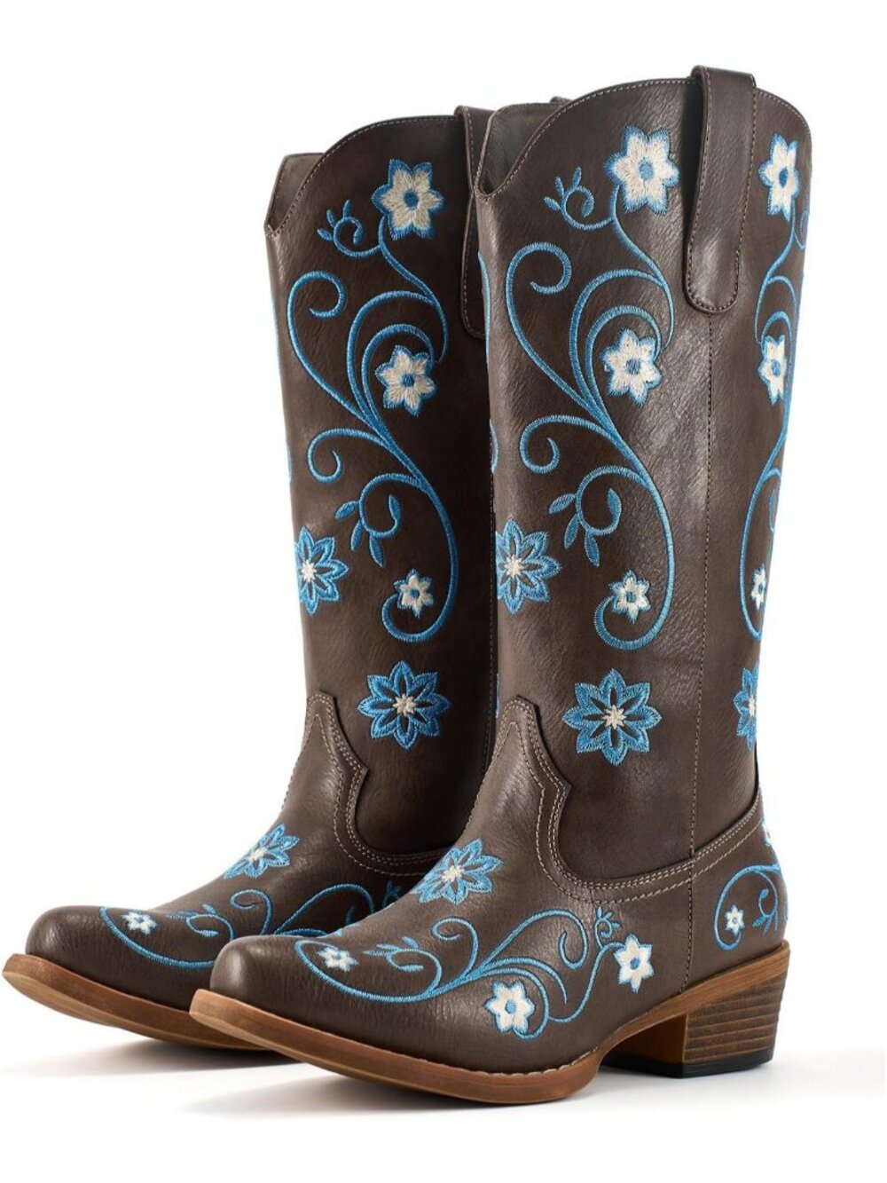 Women's Blue/Brown Floral Embroidered Mid Calf Western Snip Toe Cowboy Boots